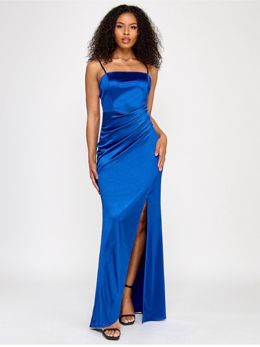 Emerald Sundae brand Junior’s pleated slit gown in Royal Blue, Size XS